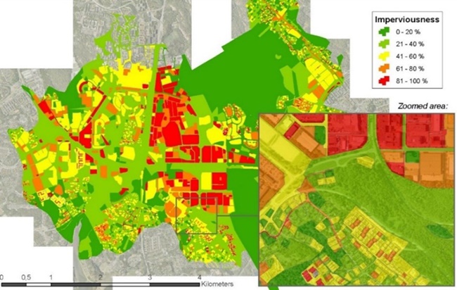 Analise informações espacialmente explícitas sobre o nível de impermeabilidade, bem como a quantidade, extensão, localização e tipo de superfícies impermeáveis com esta solução altamente automatizada para superfícies impermeáveis. © DHI
