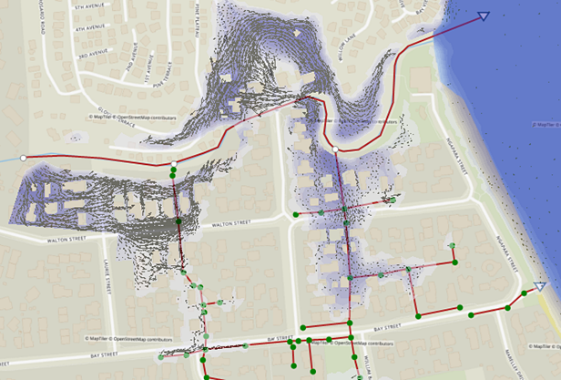 Visualize a profundidade da água e a direção do fluxo em um modelo integrado de rede de esgoto e inundação superficial usando o MIKE+. © DHI